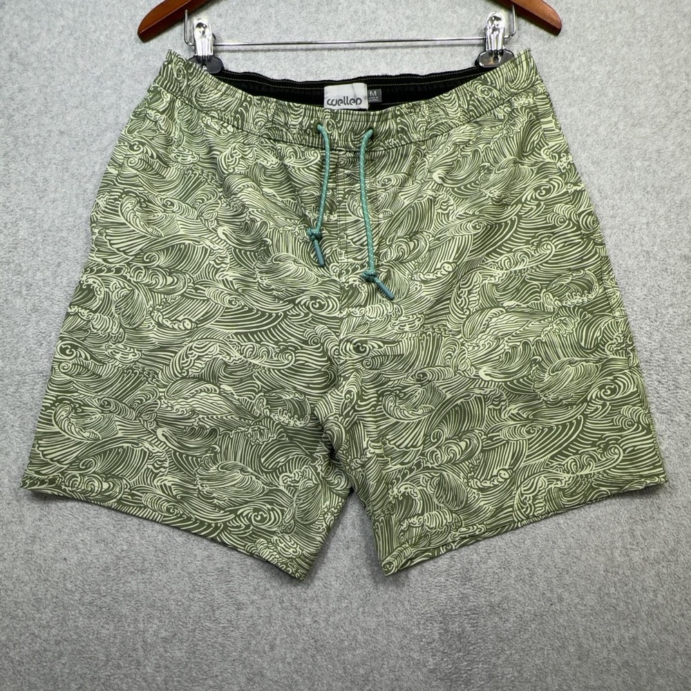 Wellen Performance Lined Swim Trunk Men Medium Green Wave Print Drawstring Short